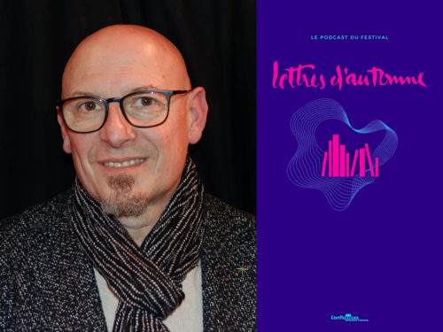 Portrait de Brice Torrecillas et visuel de la librairie du festival Lettres d'automne